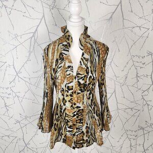 Signature Larry Levine Tiger Print Crinkle High Neck Blouse